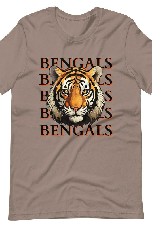 Our exclusive design features a fierce Siberian tiger face and the spirited mantra "Bengals Bengals Bengals Bengals." Unleash your inner roar with our comfortable Bella Canvas 3001 unisex graphic tee and show your stripes as a Cincinnati Bengals fan on a pebble shirt. 