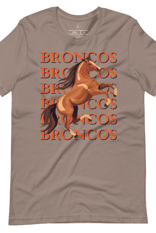 Saddle up for game day fun with our Bella Canvas 3001 unisex graphic tee! Gallop into Broncos spirit with our exclusive design featuring a lively Bronco horse and the spirited mantra "Broncos Broncos Broncos Broncos" on a pebble colored shirt. 