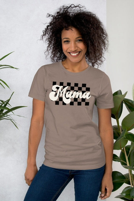 Retro Mama Graphic Tee with Checkered Background | Mama Shirts, Mom Shirts, Pebble Bella + Canva Graphic Tee