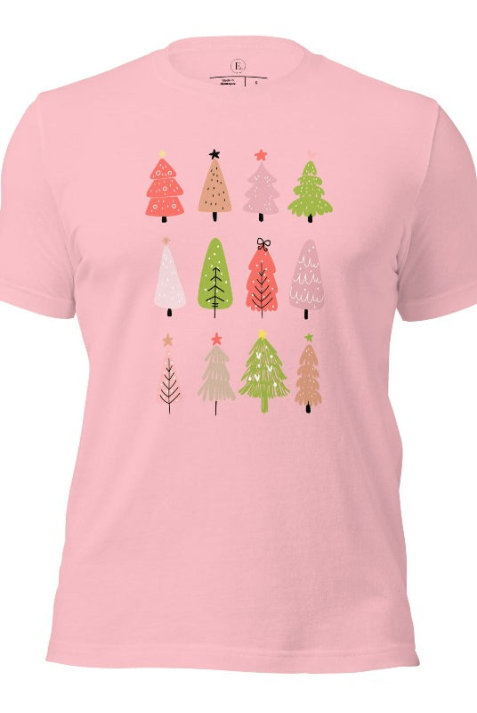 Upgrade your holiday fashion with our contemporary Christmas shirt. The shirt features three rows of multiple different modern Christmas trees in each row, creating a trendy and charming design on a pink colored shirt. 