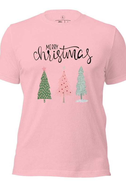 Elevate your festive wardrobe with our trendy shirt and make a chic statement this Christmas. The design features a stylish "Merry Christmas" message along with modern pink and teal Christmas trees on a pink shirt. 