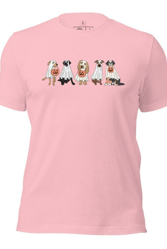 5 dogs dressed as ghost getting ready to trick or treat on a pink colored t-shirt.