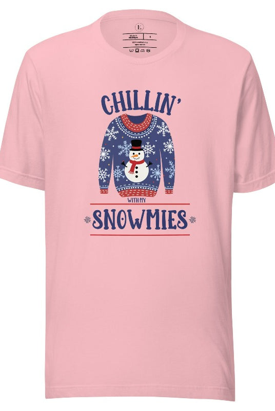 Get into the holiday spirit with our adorable Christmas sweater featuring a snowman and the playful phrase "Chillin' with my Snowmies" on pink colored shirt.