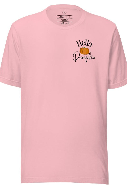 Say hello to autumn with our adorable t-shirt. It features a pumpkin on the front pocket and the playful phrase 'Hello Pumpkin,' this design captures the spirit of the season on a pink shirt. 