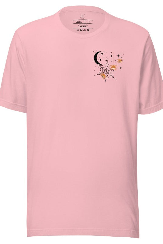 Embrace the enchanting night sky with our captivating t-shirt. Featuring a crescent moon, stars, and a spiderweb with three adorable spiders hanging down on the front pocket on a pink shirt. 