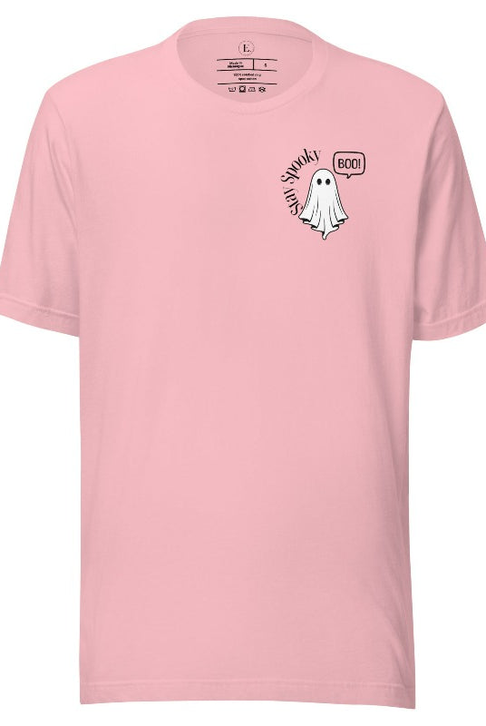 Get into the Halloween spirit with our spooktacular t-shirt. Featuring a friendly ghost holding a sign that says 'Boo' and the playful phrase "Stay Spooky" on a pink shirt .