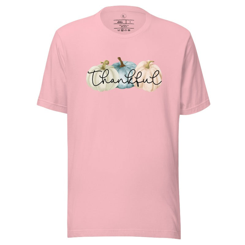 Express gratitude in style with our charming t-shirt. This design radiates autumn appreciation, featuring three pastel pumpkins and the word 'thankful' gracefully woven through the middle on a pink shirt. 