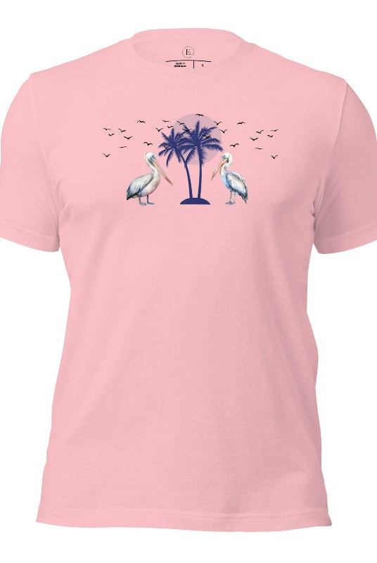 Elevate your beach style with our Beach shirt featuring two majestic pelicans facing each other. Set against a backdrop of a breathtaking sunset and a swaying palm tree on a pink shirt. 