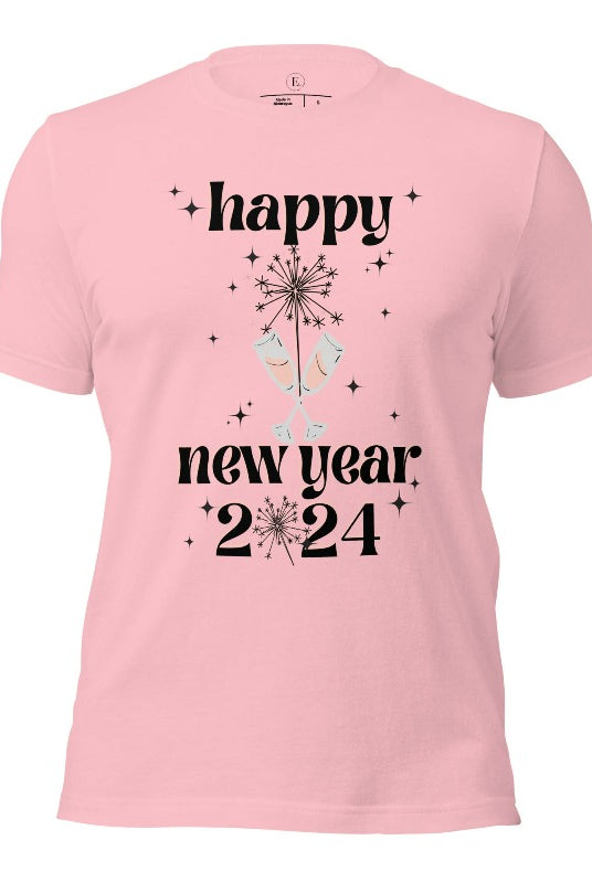 Welcome 2024 in sparkling style with our 'Happy New Year 2024' shirt. Adorned with two clinking champagne glasses amidst fireworks on a pink shirt. 