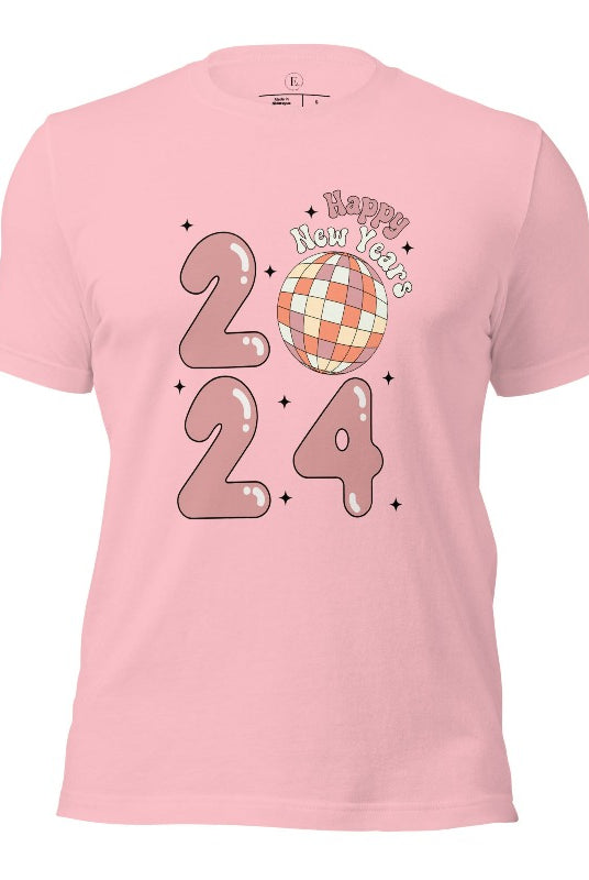 Step into the new year in dazzling style with our 'Happy New Year 2024' shirt. Featuring a shimmering disco ball as the '0' this eye catching design exudes festivity and fun on a pink shirt. 