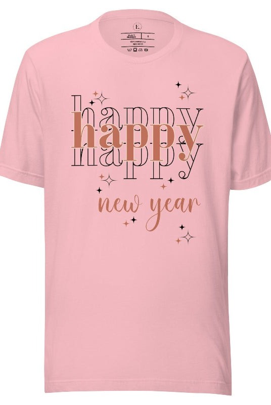 Celebrate in style with our 'Happy Happy Happy New Year' shirt. Embrace the joy of the season with this vibrant design, perfect for ringing in the new year. Crafted with comfort in mind and bursting with festive cheer, on a pink shirt. 