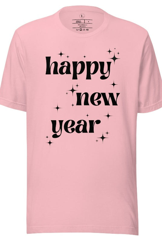 Ring in the New Year with our stunning Happy New Year shirt featuring captivating modern star designs on a pink shirt. 