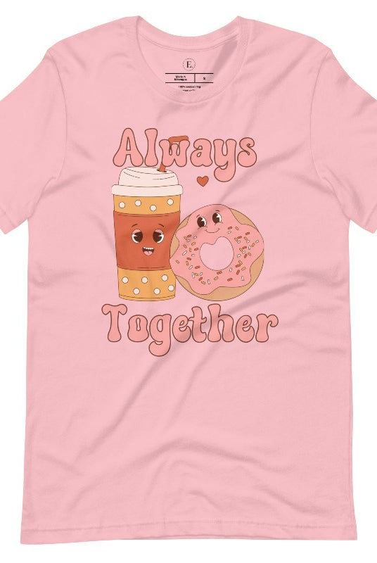 Celebrate love with our adorable Valentine's Day graphic tee! Featuring a smiling coffee cup and a cheerful donut holding hands, on a pink shirt. 
