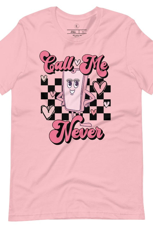 Step back in time with our retro Valentine's Day shirt. Featuring a quirky cell phone person, this tee adds a playful twist to the season of love on a pink shirt. 