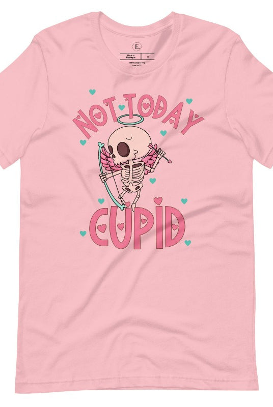 Unleash your rebellious spirit this Valentine's Day with our edgy shirt featuring a skeleton Cupid. The bold "Not Today Cupid" message adds a touch of attitude, making this tee a standout choice for those who march to the beat of their own drum on a pink shirt. 