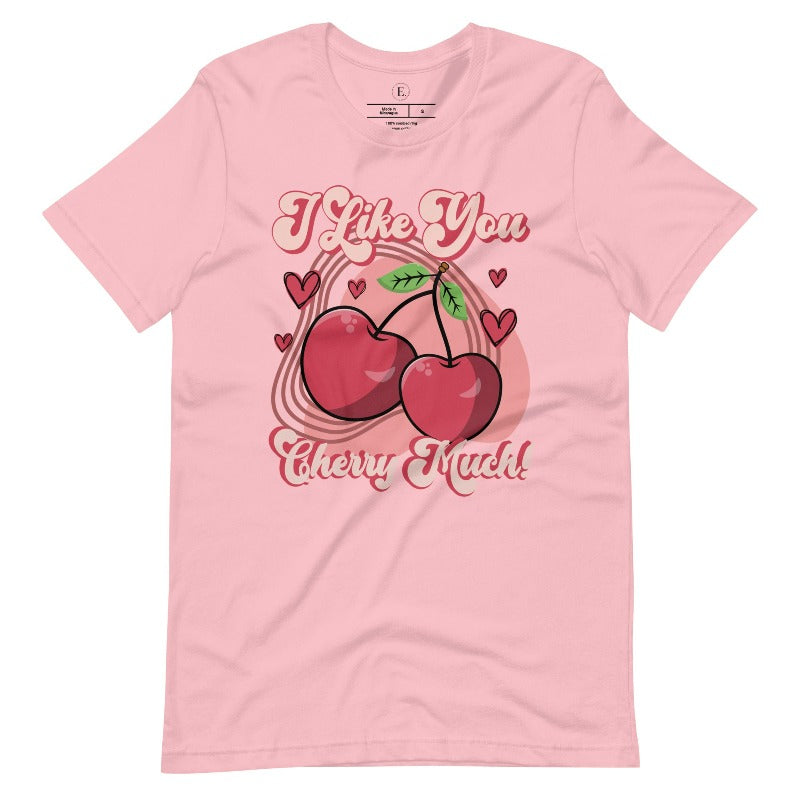 Express your affection with our charming Valentine's Day shirt! Featuring adorable cherries and the sweet message " I Love You Cherry Much," on a pink shirt. 