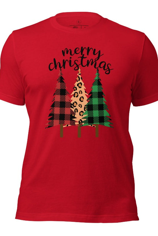 Get ready to unleash your wild side this Christmas with our unique shirt. This design is a bold and playful take on the holiday season, featuring three Christmas trees adorned with fierce cheetah print on a red colored shirt. 
