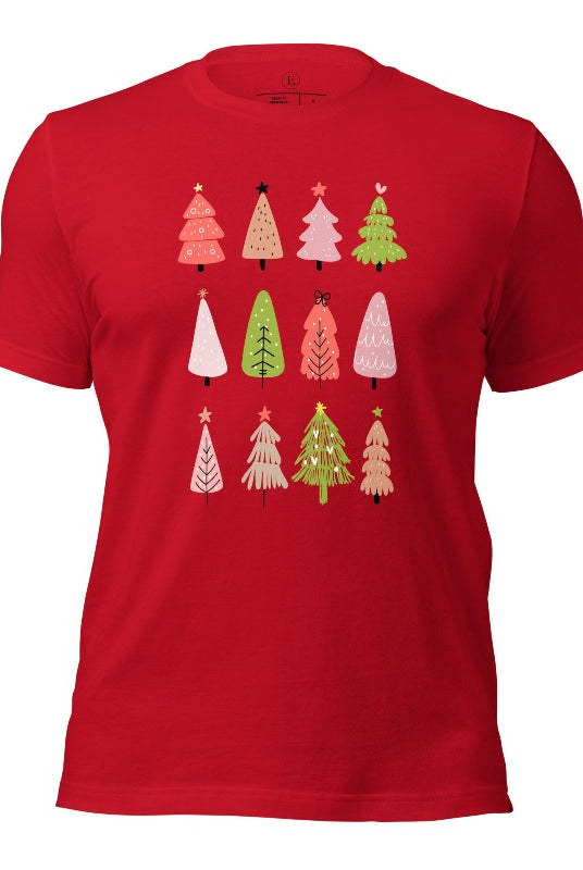 Upgrade your holiday fashion with our contemporary Christmas shirt. The shirt features three rows of multiple different modern Christmas trees in each row, creating a trendy and charming design on a red colored shirt. 