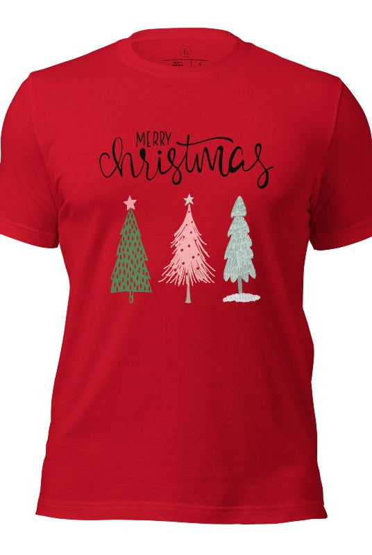 Elevate your festive wardrobe with our trendy shirt and make a chic statement this Christmas. The design features a stylish "Merry Christmas" message along with modern pink and teal Christmas trees on a red shirt. 