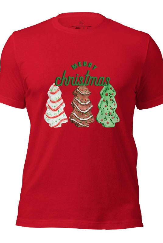 Relive the nostalgia of your childhood with our Christmas shirt that features the beloved classic Christmas tree cookies on a red shirt.