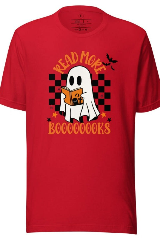 Read More Booooks is a ghost reading a book in front of a checkered background on a red colored shirt.