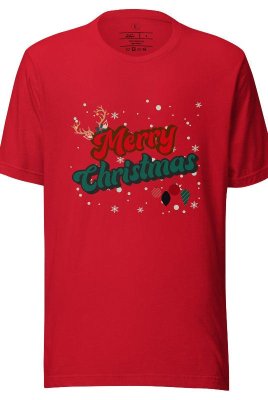 Get ready to take a trip down memory lane with our Merry Christmas retro letters shirt on a red colored shirt. 