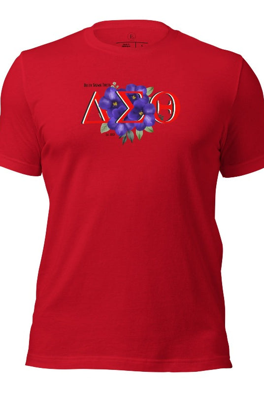 Show off your Delta Sigma Theta sisterhood with our exclusive sorority t-shirt design! The t-shirt features the sorority's letters along with the vibrant African violet, symbolizing empowerment, strength, and courage on a red shirt. 
