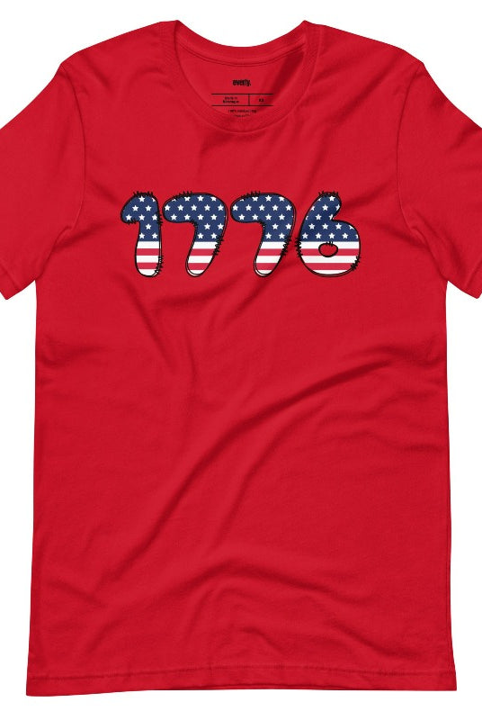 Close-up image of a USA July 4th graphic tee with the number '1776' spelled out in American flag inspired numbers on the front. This patriotic tee is perfect for celebrating Independence Day in style and showing off your love for America on a red shirt. 