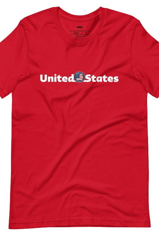 A patriotic graphic tee for the USA July 4th celebration featuring the phrase 'United States' prominently displayed on the front. The design embodies a sense of unity and national pride, making it a fitting choice for celebrating Independence Day and demonstrating love for the country on red graphic tee.