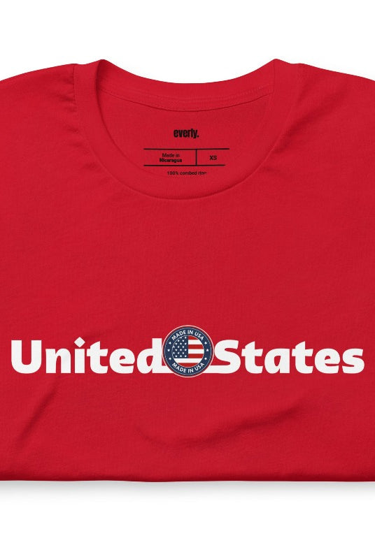 A patriotic graphic tee for the USA July 4th celebration featuring the phrase 'United States' prominently displayed on the front. The design embodies a sense of unity and national pride, making it a fitting choice for celebrating Independence Day and demonstrating love for the country on red graphic tee.