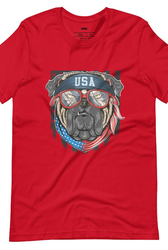 Cute and cool USA July 4th graphic tee featuring a bulldog wearing sunglasses and a USA bandana on the front, perfect for showing off your patriotic and playful side on red  graphic tee.