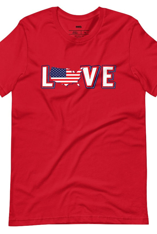 Charming and patriotic USA July 4th graphic tee featuring the word 'Love' with the 'O' represented by the United States map, creating a heartfelt and stylish design on a classic red tee.