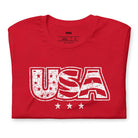 The alt text for the product photo could be: "Graphic tee with faded lettering of 'USA' on the front, in Red color - perfect for celebrating July 4th.