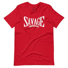 "Savage" in large, bold white letters with a football graphic underneath. The shirt is from Bella + Canvas and is made of 100% combed and ring-spun cotton on a red shirt