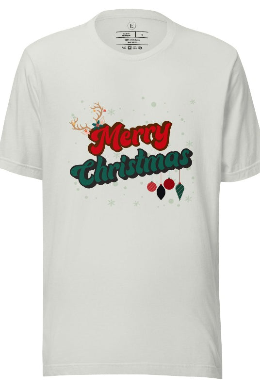 Get ready to take a trip down memory lane with our Merry Christmas retro letters shirt on a silver colored shirt. 