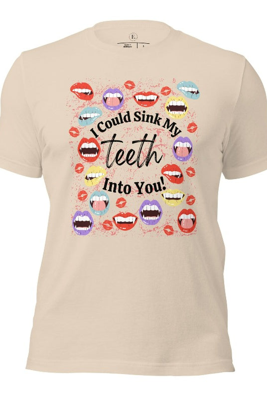 Sink your teeth into Halloween style with our vampire lips shirt. Adorned with a collection of seductive vampire lips, this shirt mesmerizes with its allure. The cheeky message, 'I could sink my teeth into you,' adds a playful twist on a soft cream colored shirt. 