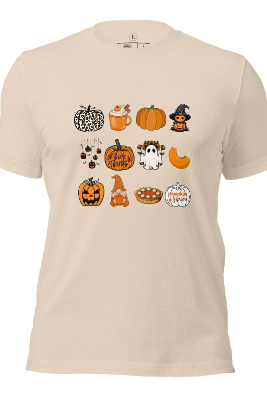 Celebrate Halloween with our captivating pumpkin-themed shirt! This design is perfect for pumpkin enthusiasts and casual wear. Let the pumpkins take center stage on a soft cream colored shirt. 