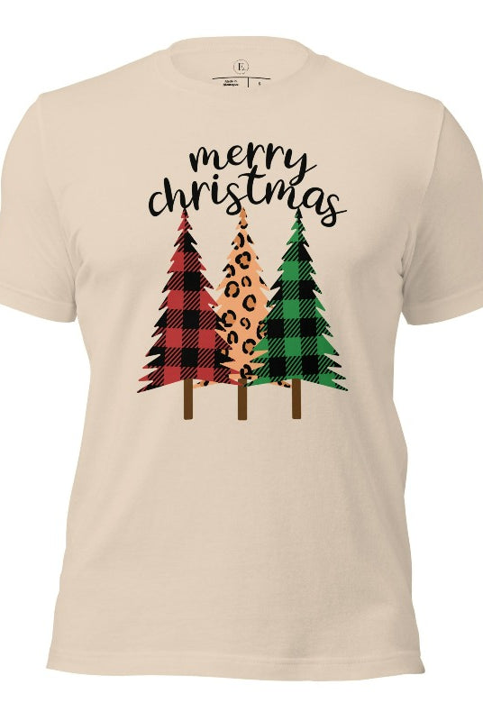 Get ready to unleash your wild side this Christmas with our unique shirt. This design is a bold and playful take on the holiday season, featuring three Christmas trees adorned with fierce cheetah print on a soft cream colored shirt. 