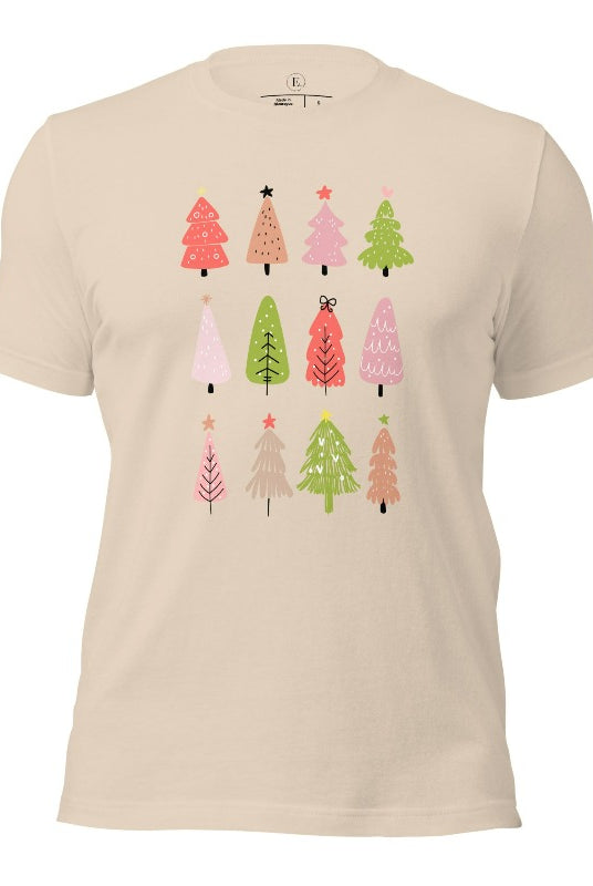 Upgrade your holiday fashion with our contemporary Christmas shirt. The shirt features three rows of multiple different modern Christmas trees in each row, creating a trendy and charming design on a soft cream colored shirt. 