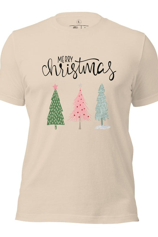 Elevate your festive wardrobe with our trendy shirt and make a chic statement this Christmas. The design features a stylish "Merry Christmas" message along with modern pink and teal Christmas trees on a soft cream shirt. 