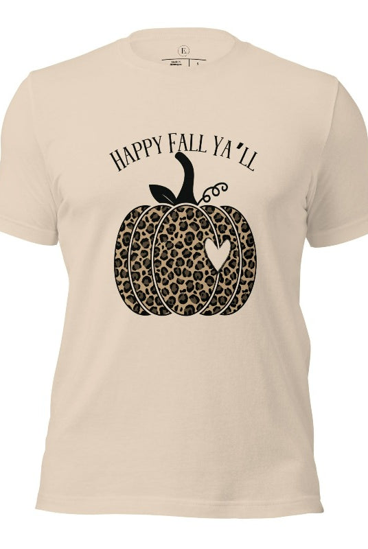Get ready for fall with our adorable cheetah pumpkin shirt. Featuring a charming design of a cheetah pumpkin with a heart, it's the perfect blend of style and seasonal spirit. Spread the autumn cheer with the saying 'Happy Fall Ya'll' and embrace the coziness of the season on a soft cream colored shirt. 