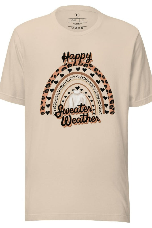 Get ready for fall in style and comfort with our vibrant "Sweater Weather" shirt, featuring a cheetah, a rainbow, and a sweater on a soft cream shirt.
