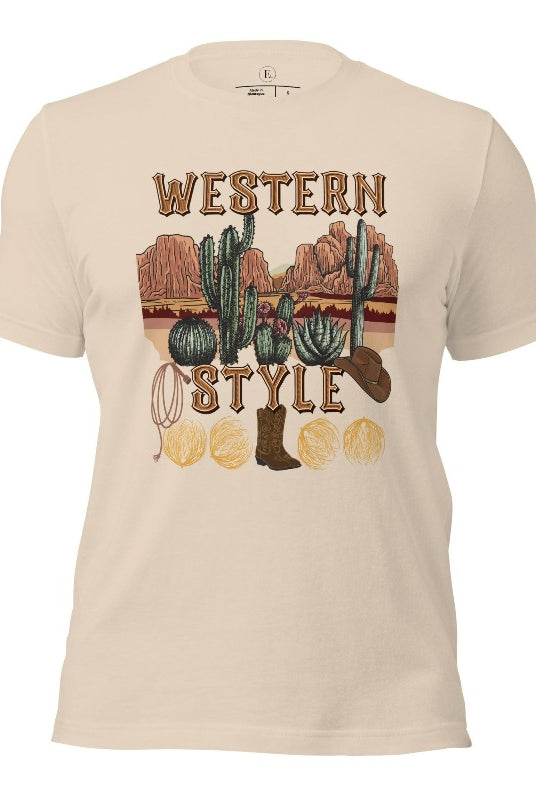 Embrace the rugged charm of the Wild West with our country western shirt featuring the iconic phrase "Western Style" set against a stunning desert background on a soft cream shirt. 