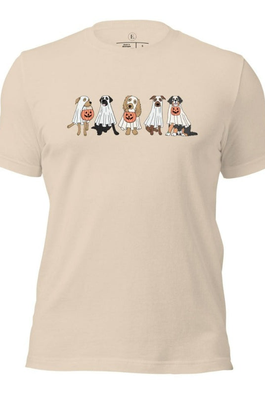 5 dogs dressed as ghost getting ready to trick or treat on a soft cream colored t-shirt.