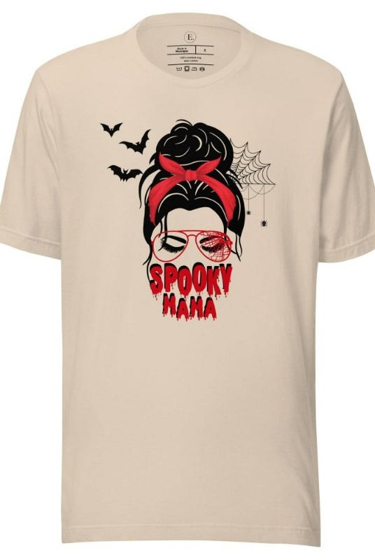 "Spooky Mama" messy bun Halloween T-shirt on soft cream colored t-shirt.