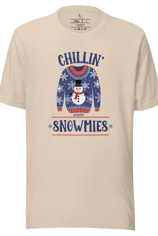 Get into the holiday spirit with our adorable Christmas sweater featuring a snowman and the playful phrase "Chillin' with my Snowmies" on soft cream colored shirt.