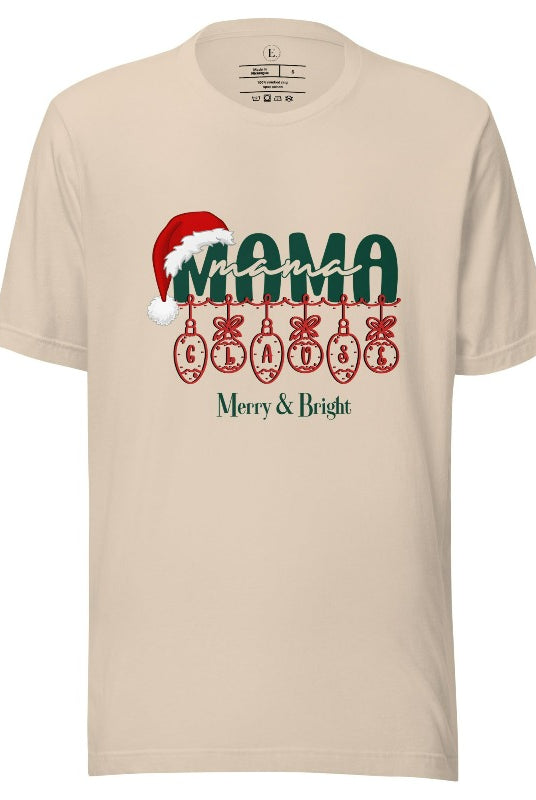Experience the enchantment of Christmas with our Mama Claus shirt, on a soft cream colored shirt.