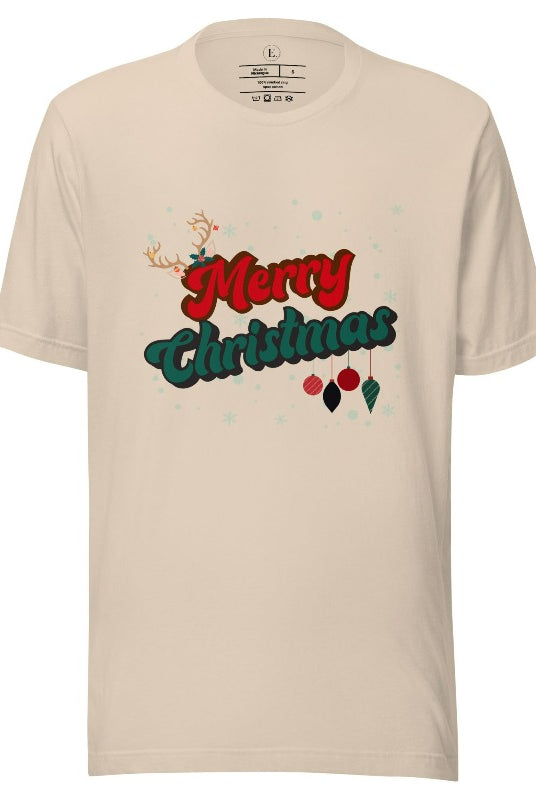Get ready to take a trip down memory lane with our Merry Christmas retro letters shirt on a soft cream colored shirt. 