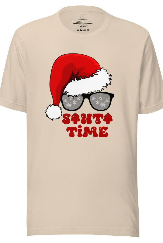 Gear up for the holiday season with our men's Christmas Shirt featuring a Santa hat, Christmas sunglasses on a soft cream colored shirt. 