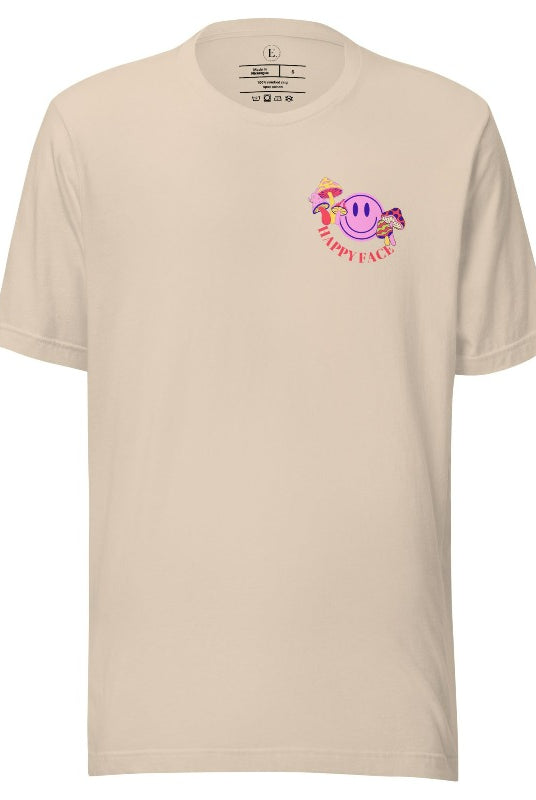Spread positivity with our delightful t-shirt. The design features a happy face with mushrooms on the side and the words 'Happy Face' on the front pocket on a soft cream shirt.